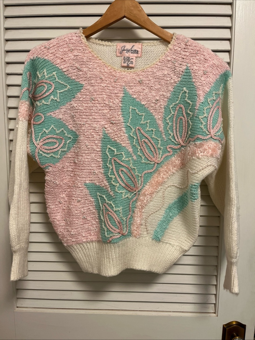 Vintage Jaclyn Smith Pink Mint Crewneck Sweater, pearls, shoulder pads
